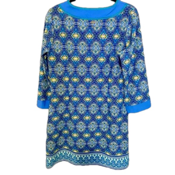 New Cabana Life Shift Dress Blue Yellow SPF 50 V Neck Resort Vacation Large Boho - Picture 2 of 10